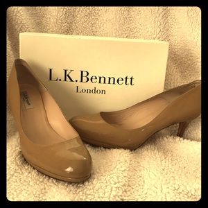 L.K. Bennett Sybila Patent Taupe rounded toe heels